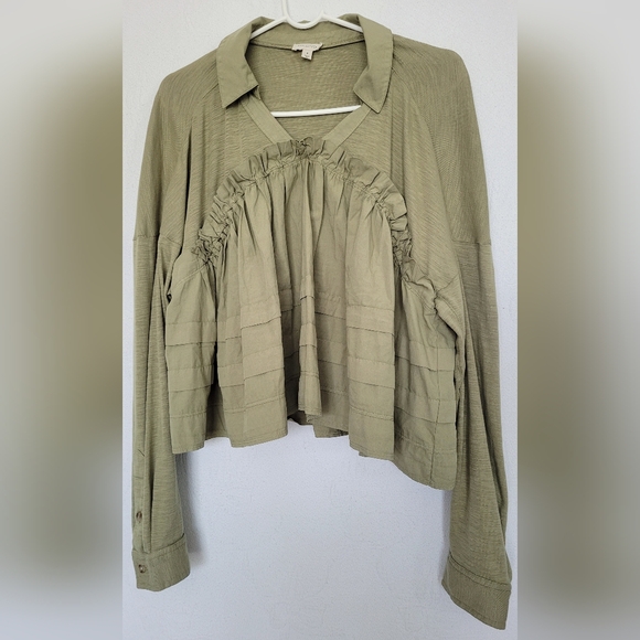 Pilcro Anthropologie 100%Cotton Pullover Long Sleeve Blouse Boho Olive Green S - Picture 2 of 16